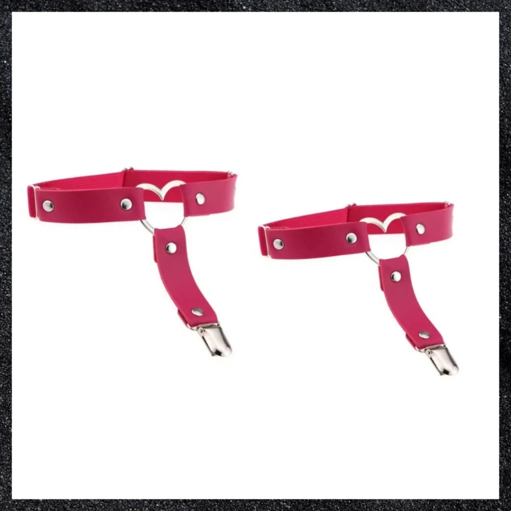 Dark Pink Studded Heart Leather Thigh Garter Harness Pair Set